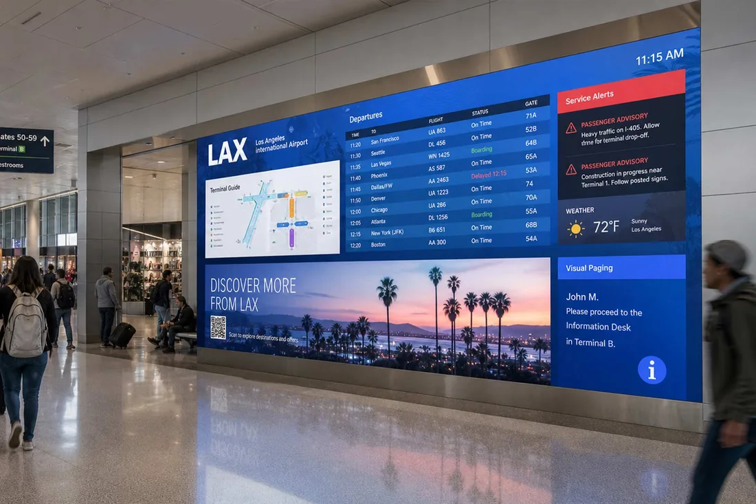Long LED information wall in an airport terminal