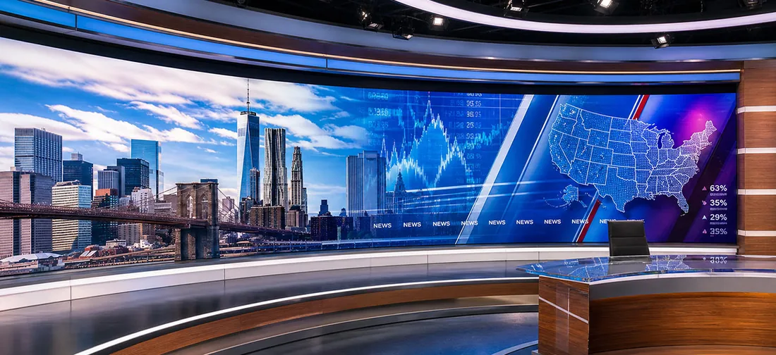 Curved LED video wall in a television news studio