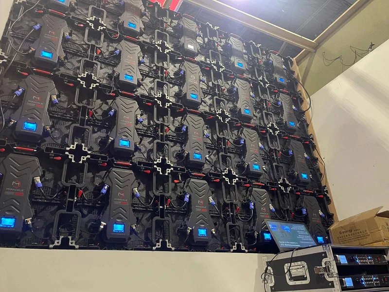 Rear view of an assembled wall of Mirackle LED cabinets