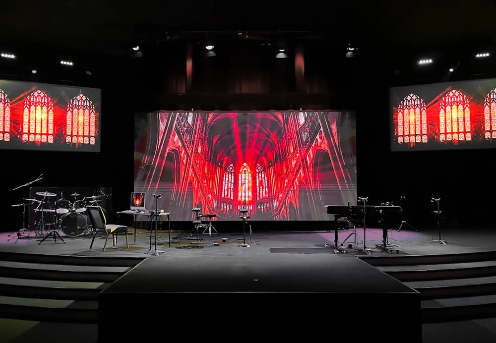 Mirackle LED video wall as a stage backdrop in a church sanctuary