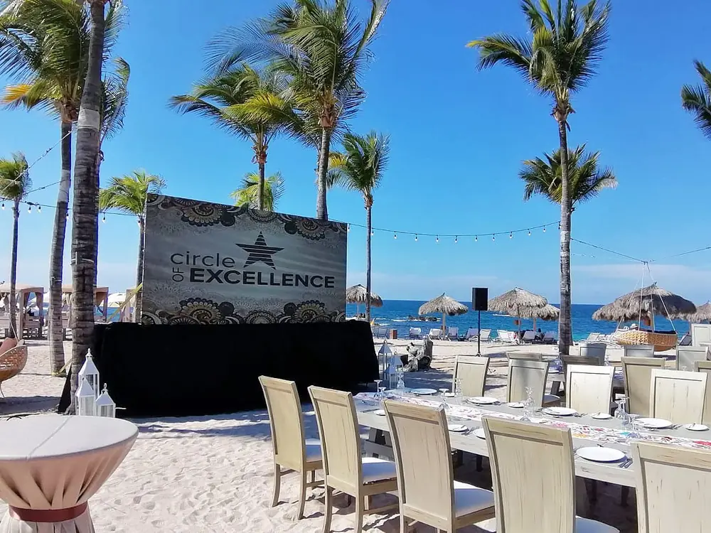 Outdoor LED video wall set up for an event on a beach