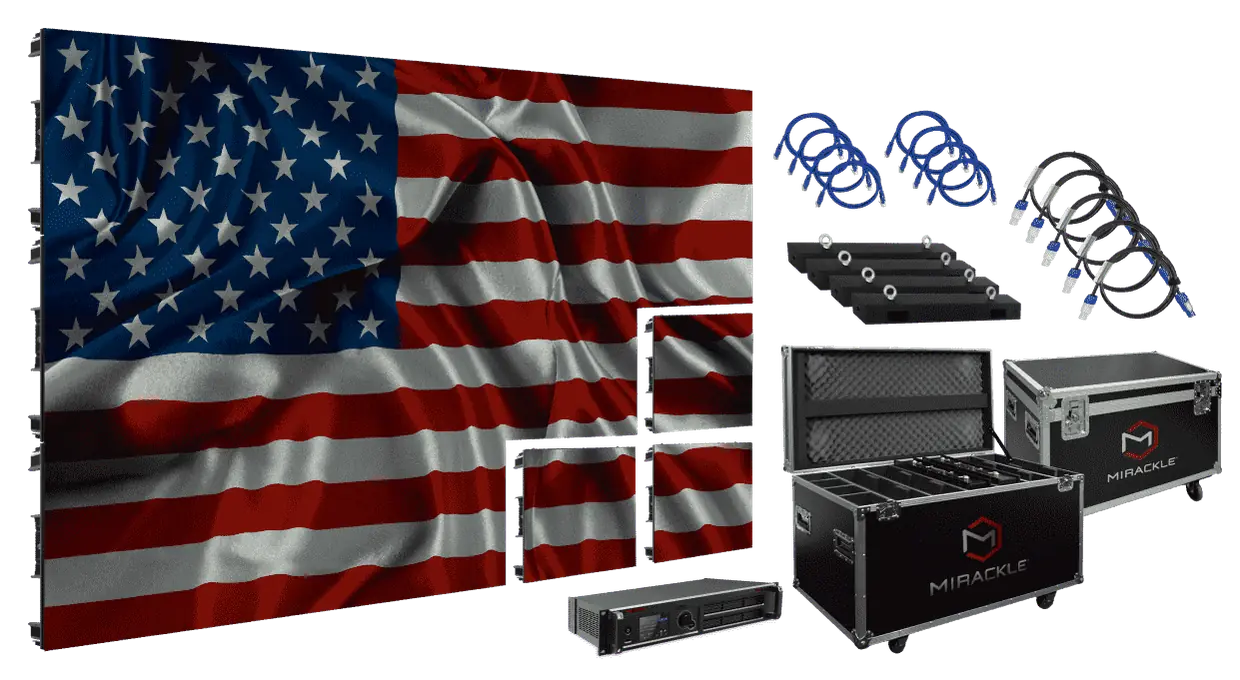 A complete Mirackle LED wall package: panels, spare modules, cabling, hanging bars, processor and road cases