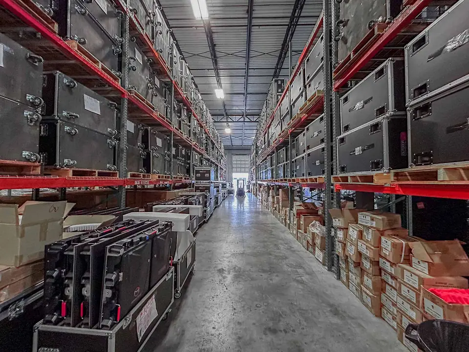 Racks of Mirackle LED panels in road cases, stocked in the Florida warehouse